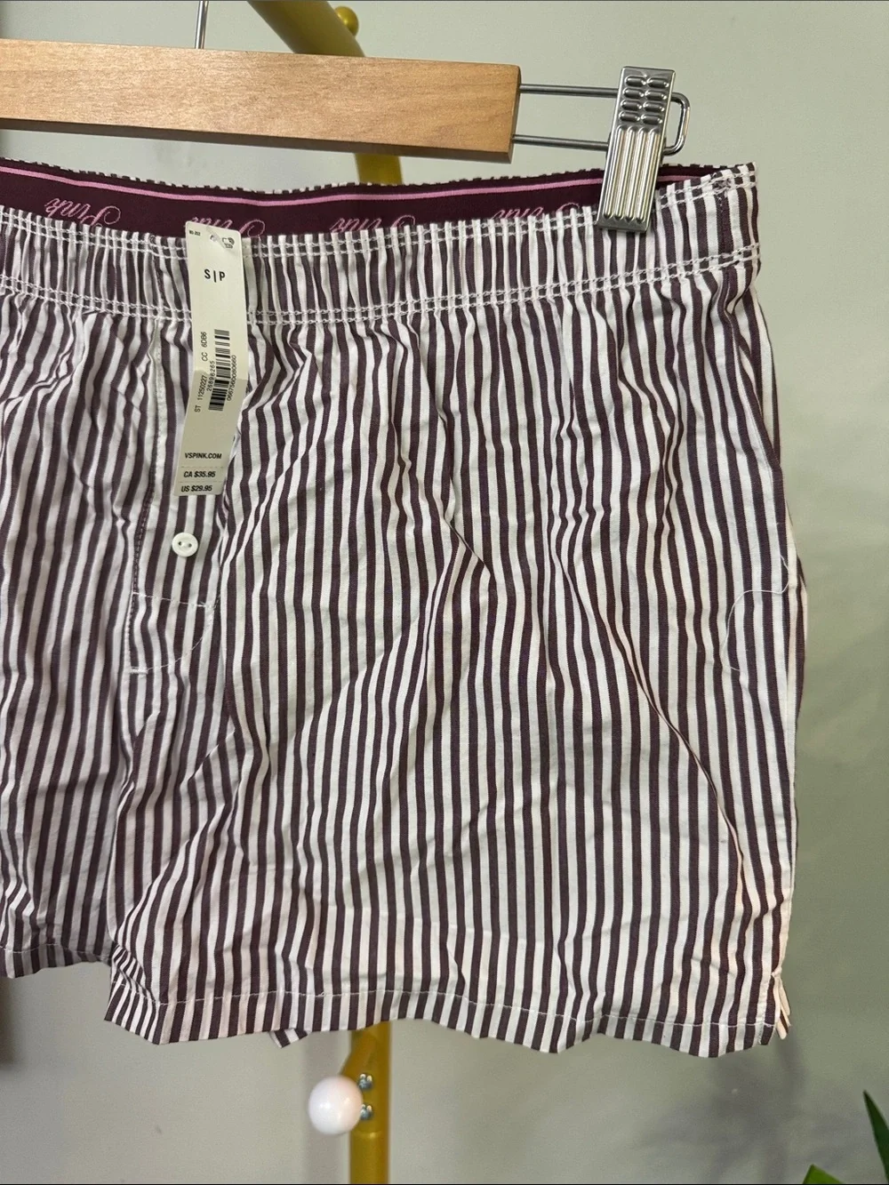 PINK Victoria's Secret cotton White & maroon Striped Boxer sleep Shorts NWT S